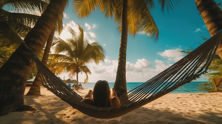 Hammock between palm trees on a Caribbean beach